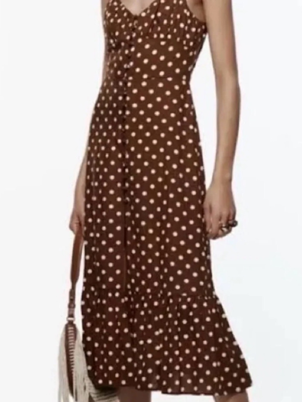 Zara Brown Polka Dot Midi Dress - Sleeveless Spaghetti Strap - Size M